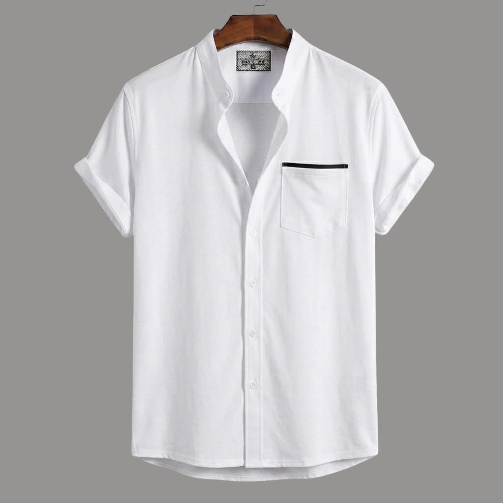 Stripe Pocket Band Collar Shirt - White