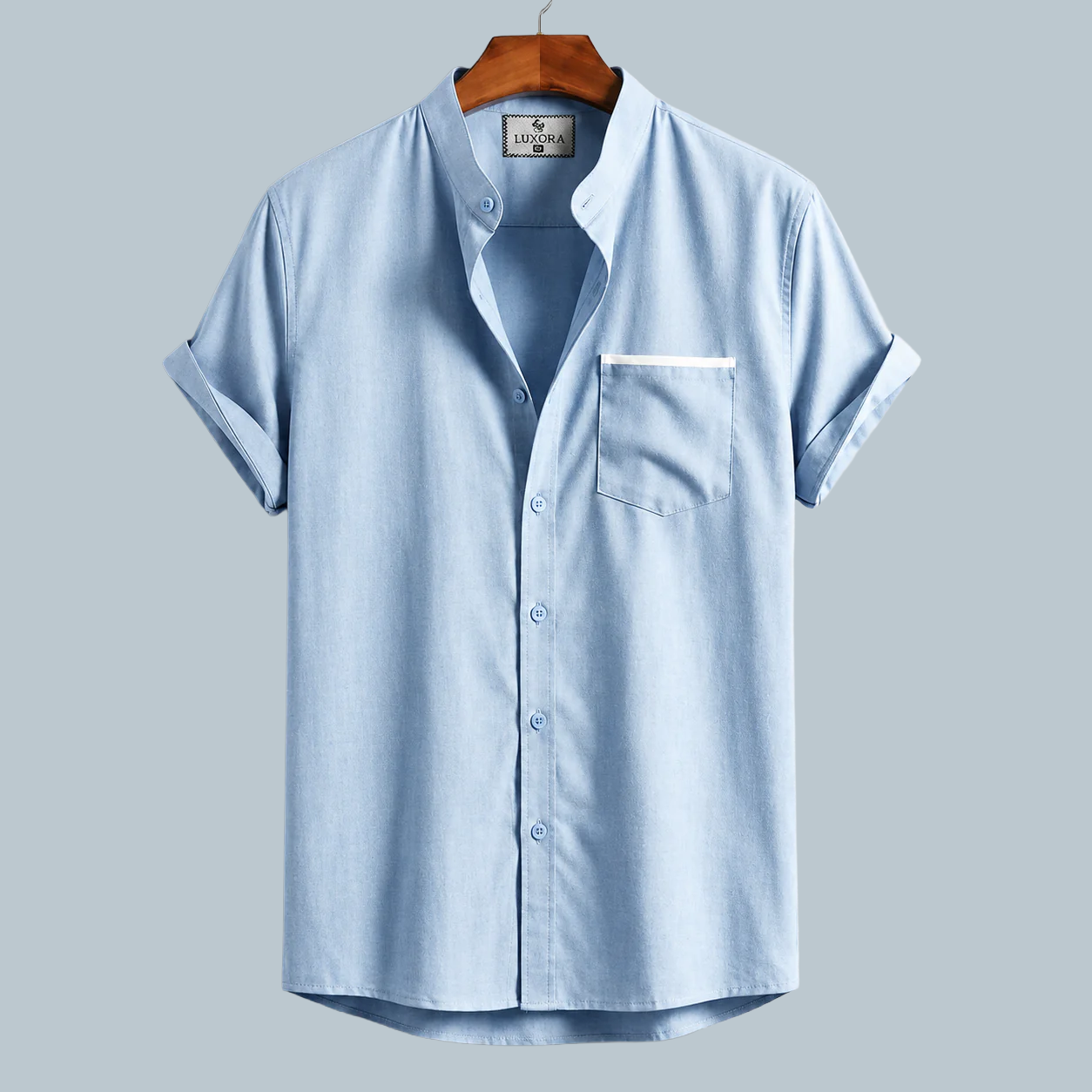 Stripe Pocket Band Collar Shirt - Sky