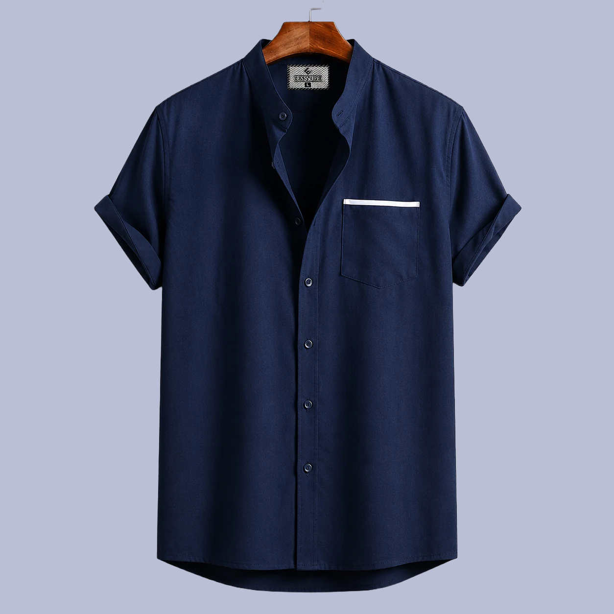 Stripe Pocket Band Collar Shirt - Navy