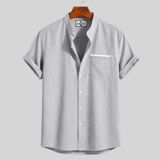 Stripe Pocket Band Collar Shirt - Ash