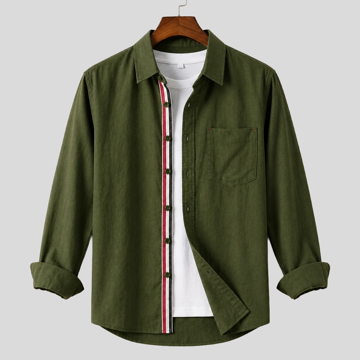 Contrast Placket Full Sleeve Shirt - Olive