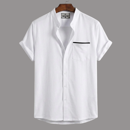 Stripe Pocket Band Collar Shirt - White