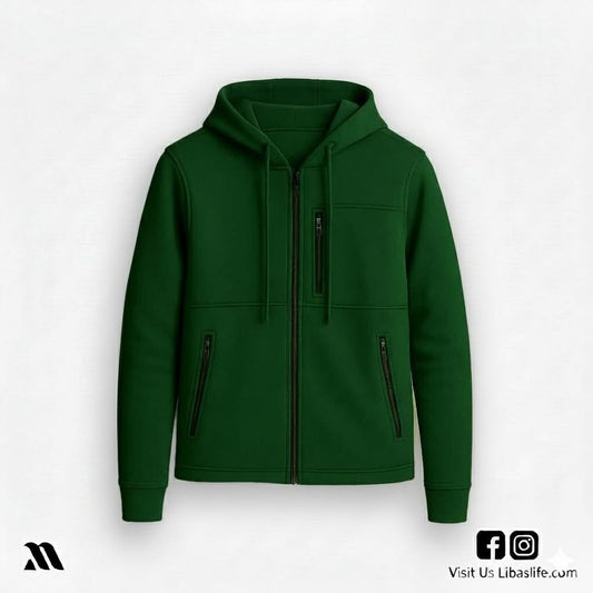 Men's Arms Full Zip Hooded Jacket- Bottle green
