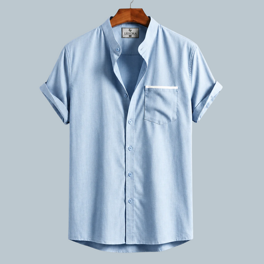 Stripe Pocket Band Collar Shirt - Sky