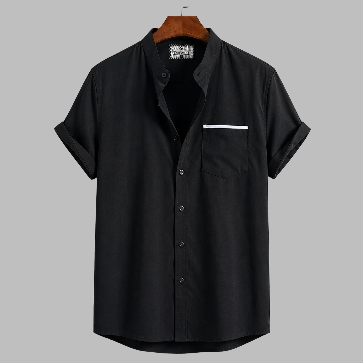 Stripe Pocket Band Collar Shirt - Black