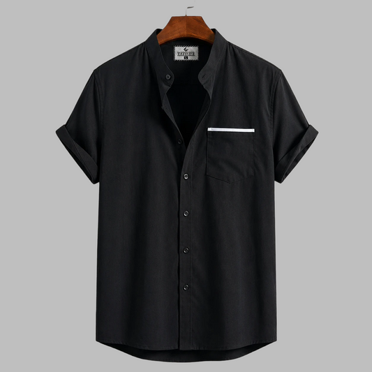 Stripe Pocket Band Collar Shirt - Black
