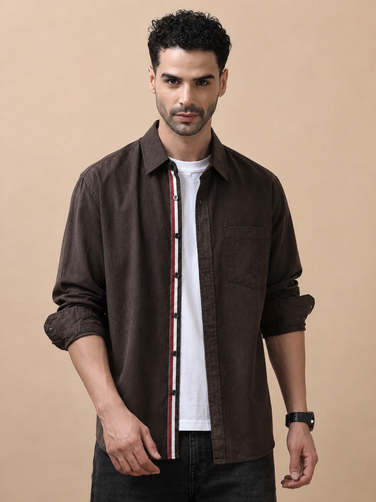 Contrast Placket Full Sleeve Shirt - Chocolate